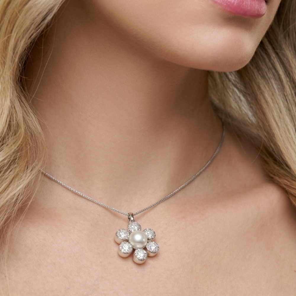 2-Way Convertible Floral Pearl &amp; Diamond Pendant Necklace