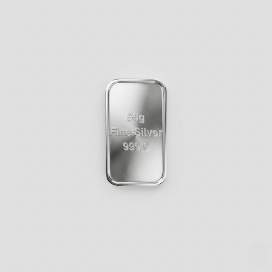 Silver bar with '50g Fine Silver 999' text on a light gray background