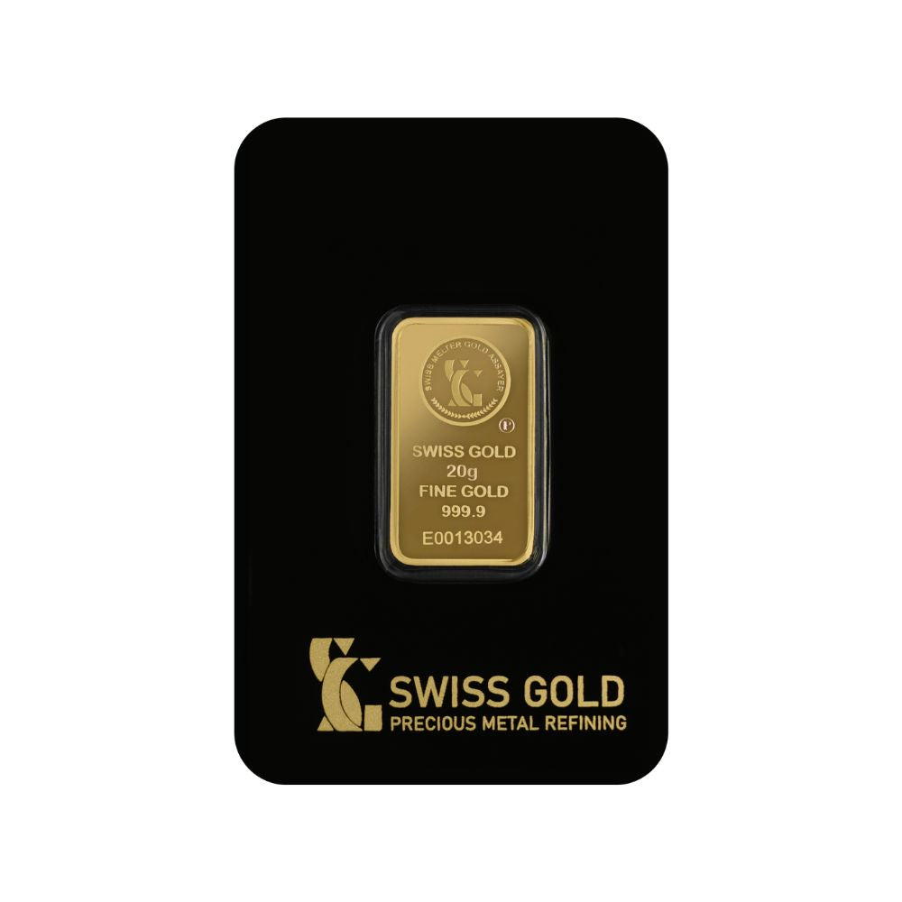 Gold bar with 'Swiss Gold' branding on a black card