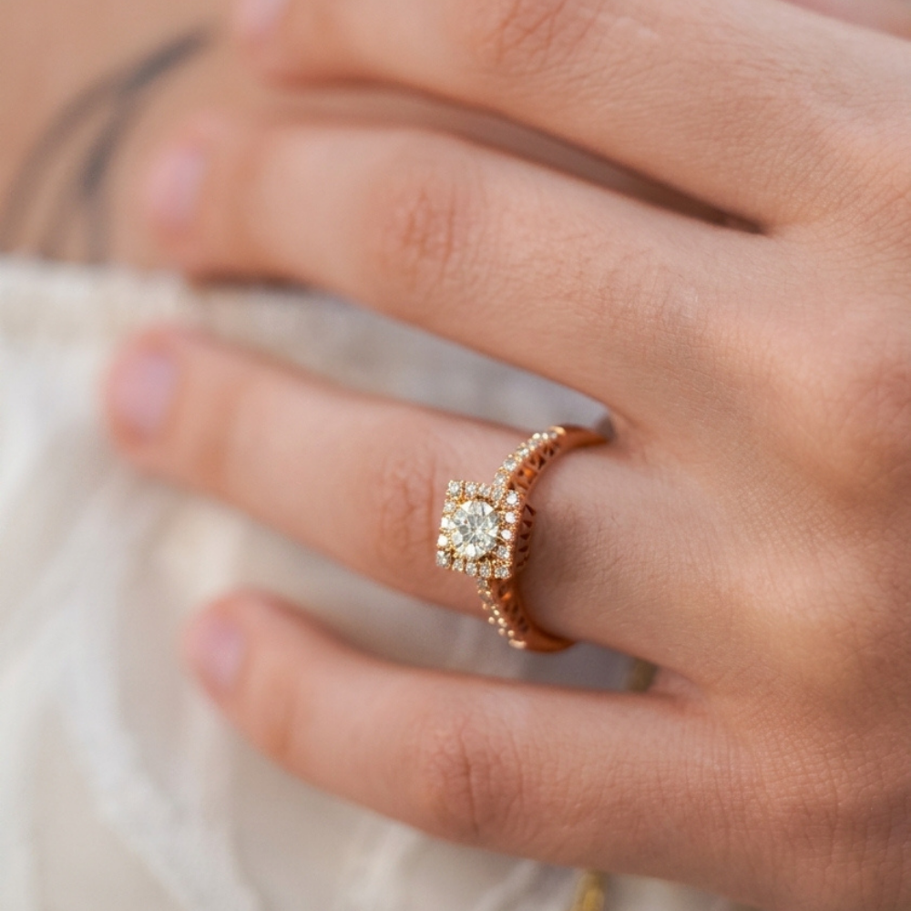 Square Halo Diamond Solitaire Ring