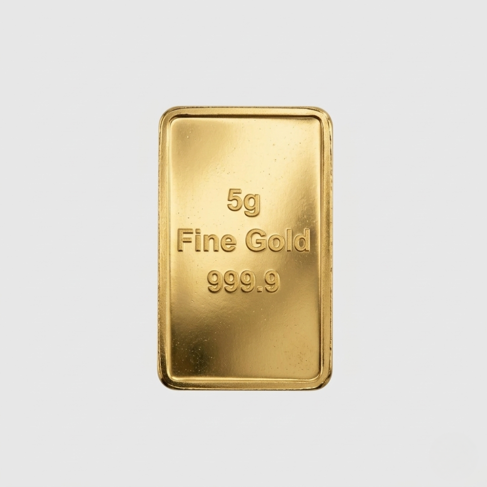 Gold bar with '5g Fine Gold 999.9' text on a white background