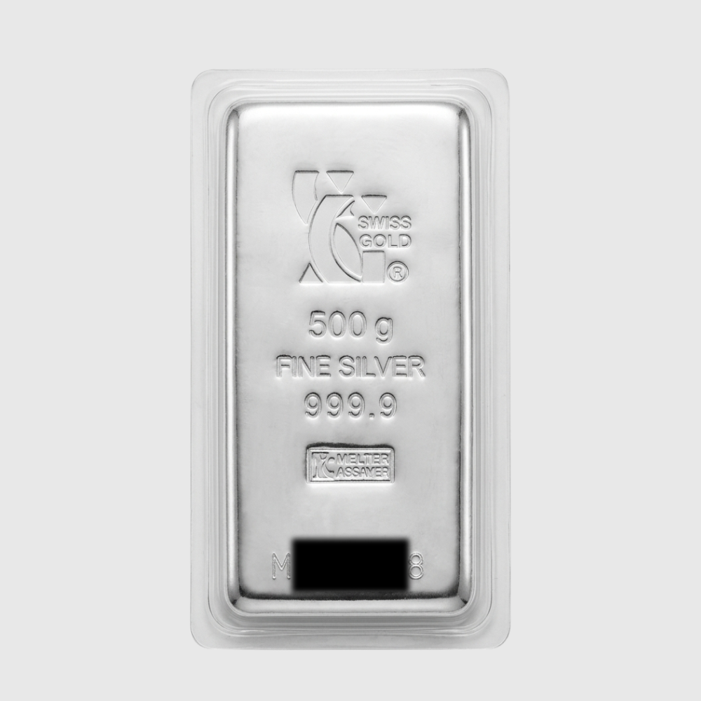 Silver bar with 'K' Swiss Gold branding on a light gray background