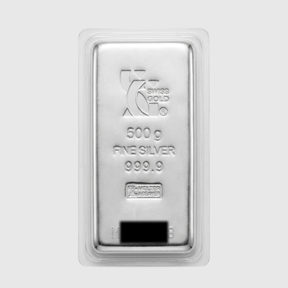 Silver bar with 'K' Swiss Gold branding on a light gray background
