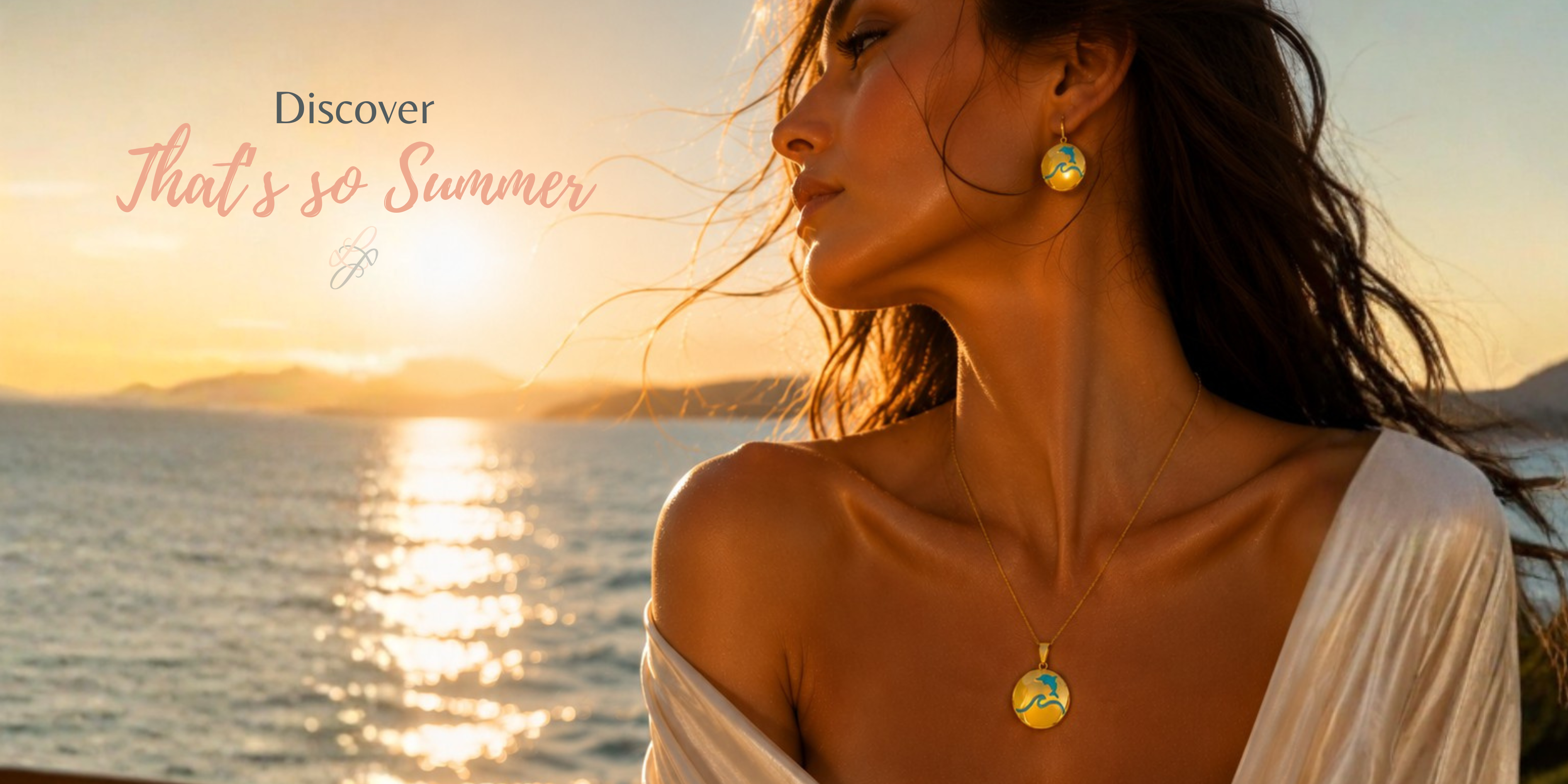 Woman with a necklace by the ocean at sunset with text 'Discover That's so Summer'. by Lulia Jewelry