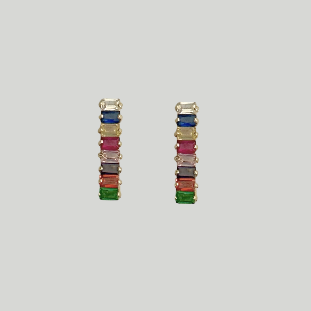 Rectangle shaped gold earrings - multicolored stones