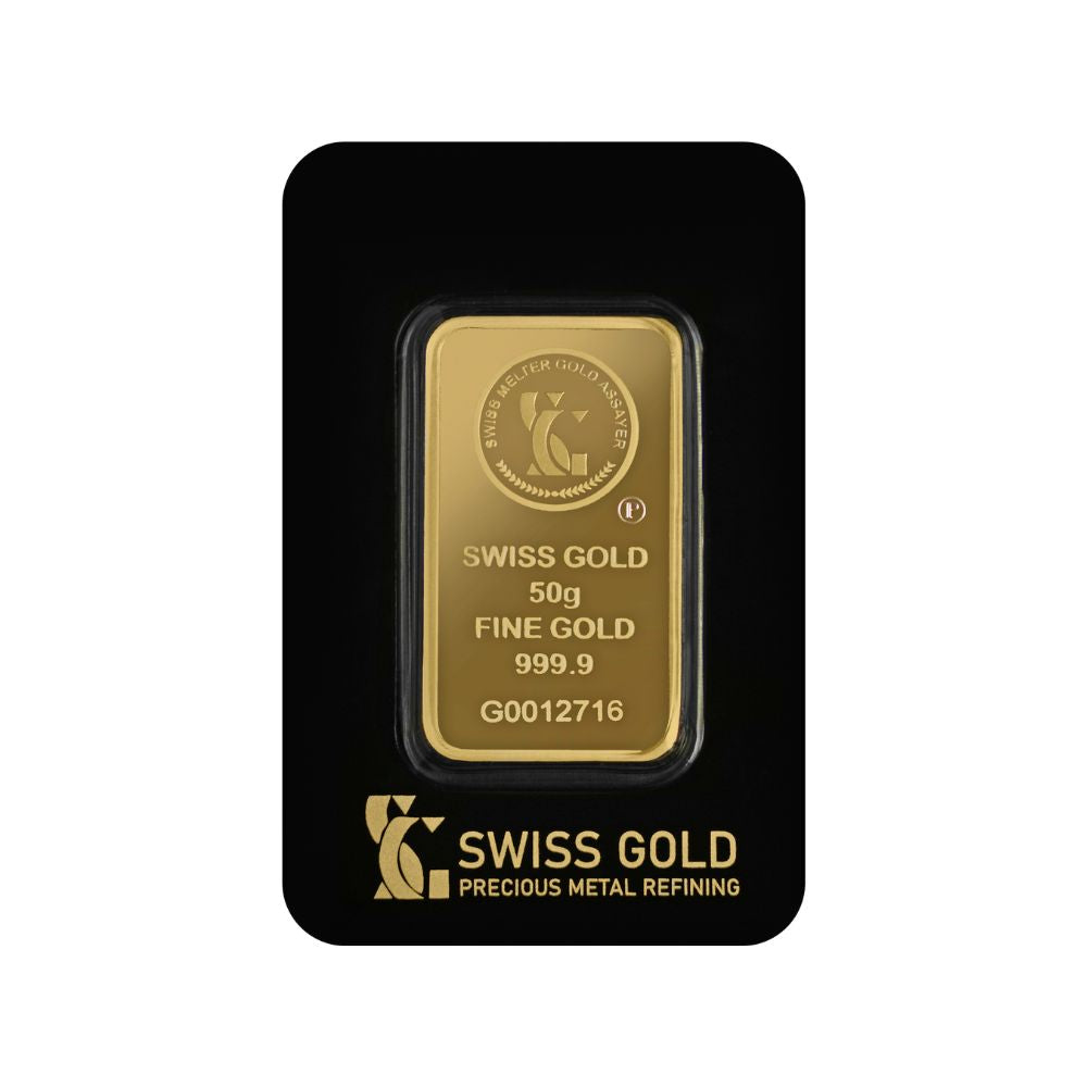 50g Gold bar with 'Swiss Gold' branding on a black card