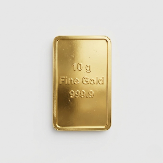 Gold bar with '10 g Fine Gold 999.9' text on a light gray background