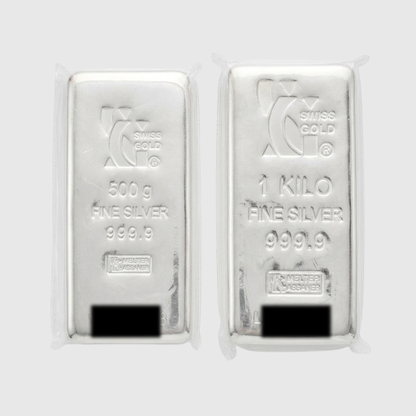 Two silver bars, one 500g and one 1 kilo, on a white background.