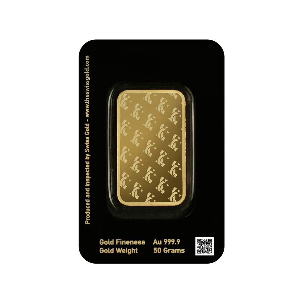 Gold bar with 24K gold logo on a black card, featuring gold fineness and weight details.