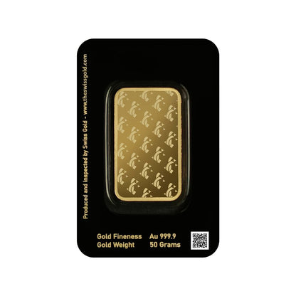 Gold bar with 24K gold logo on a black card, featuring gold fineness and weight details.