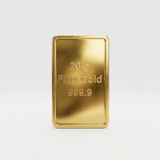 Gold bar with '20 g Fine Gold 999.9' text on a white background