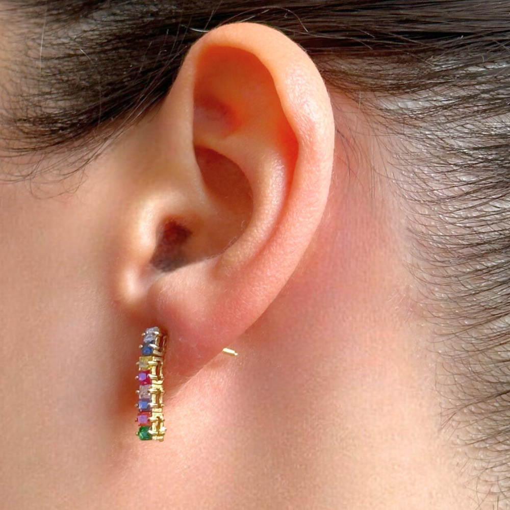 Rectangle shaped gold earrings - multicolored stones