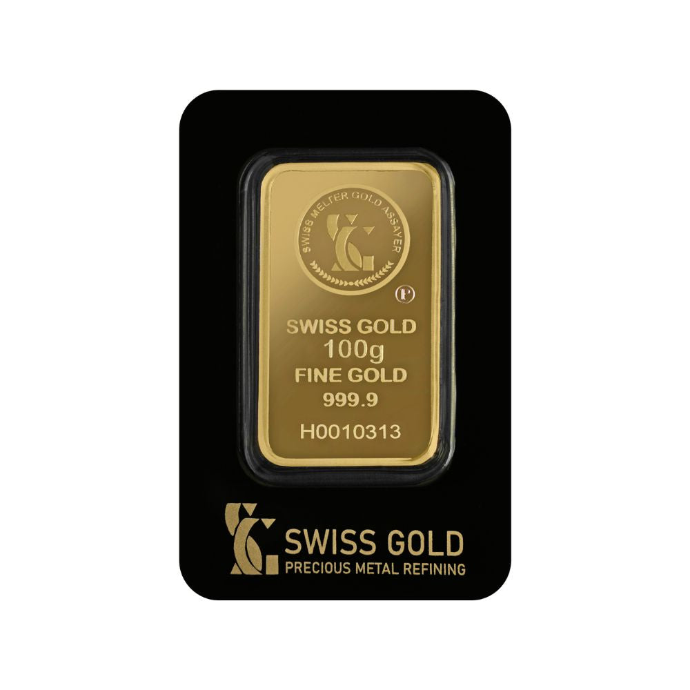 Gold bar with 'Swiss Gold' branding on a black card