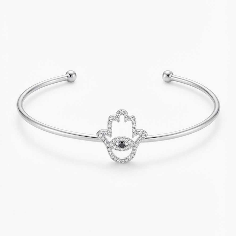 Hamsa Hand Diamond Open Cuff Bangle