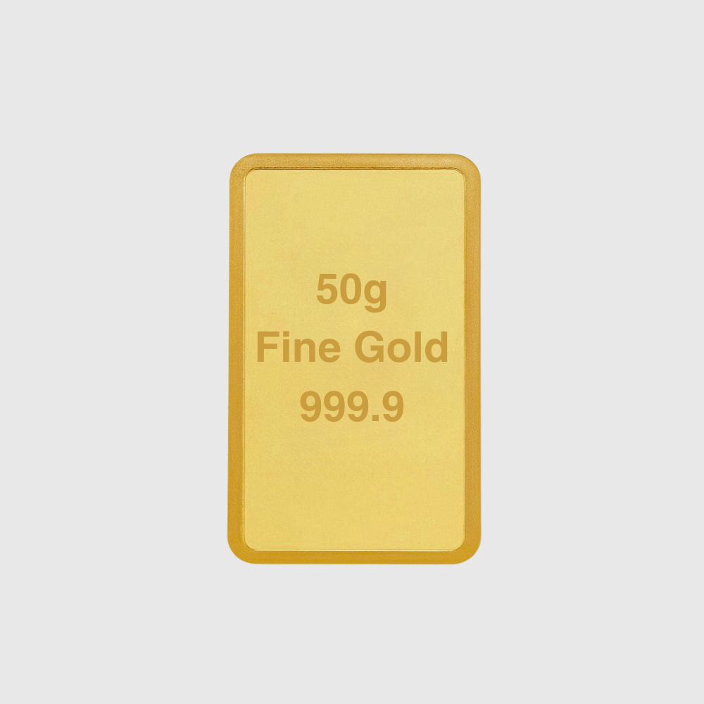 Gold bar labeled '50g Fine Gold 999.9' on a light gray background