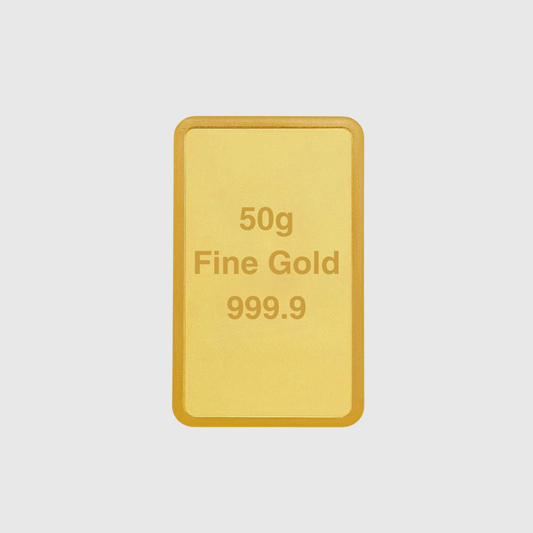 Gold bar labeled '50g Fine Gold 999.9' on a light gray background