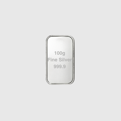 100g Fine Silver 999.9 bar on a light gray background
