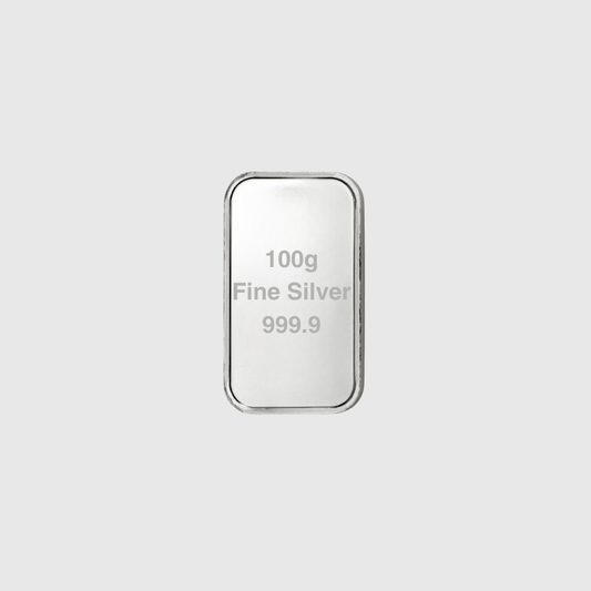 100g Fine Silver 999.9 bar on a light gray background
