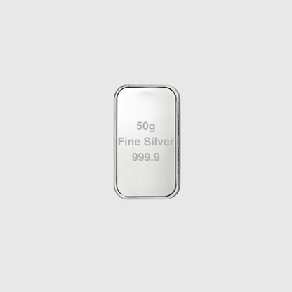 50g Fine Silver bar with 999.9 purity on a light gray background