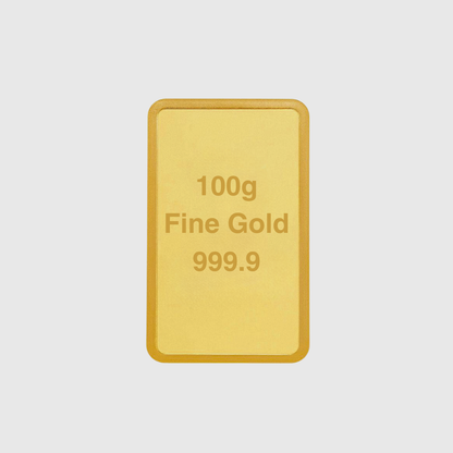 Gold bar with '100g Fine Gold 999.9' text on a light gray background