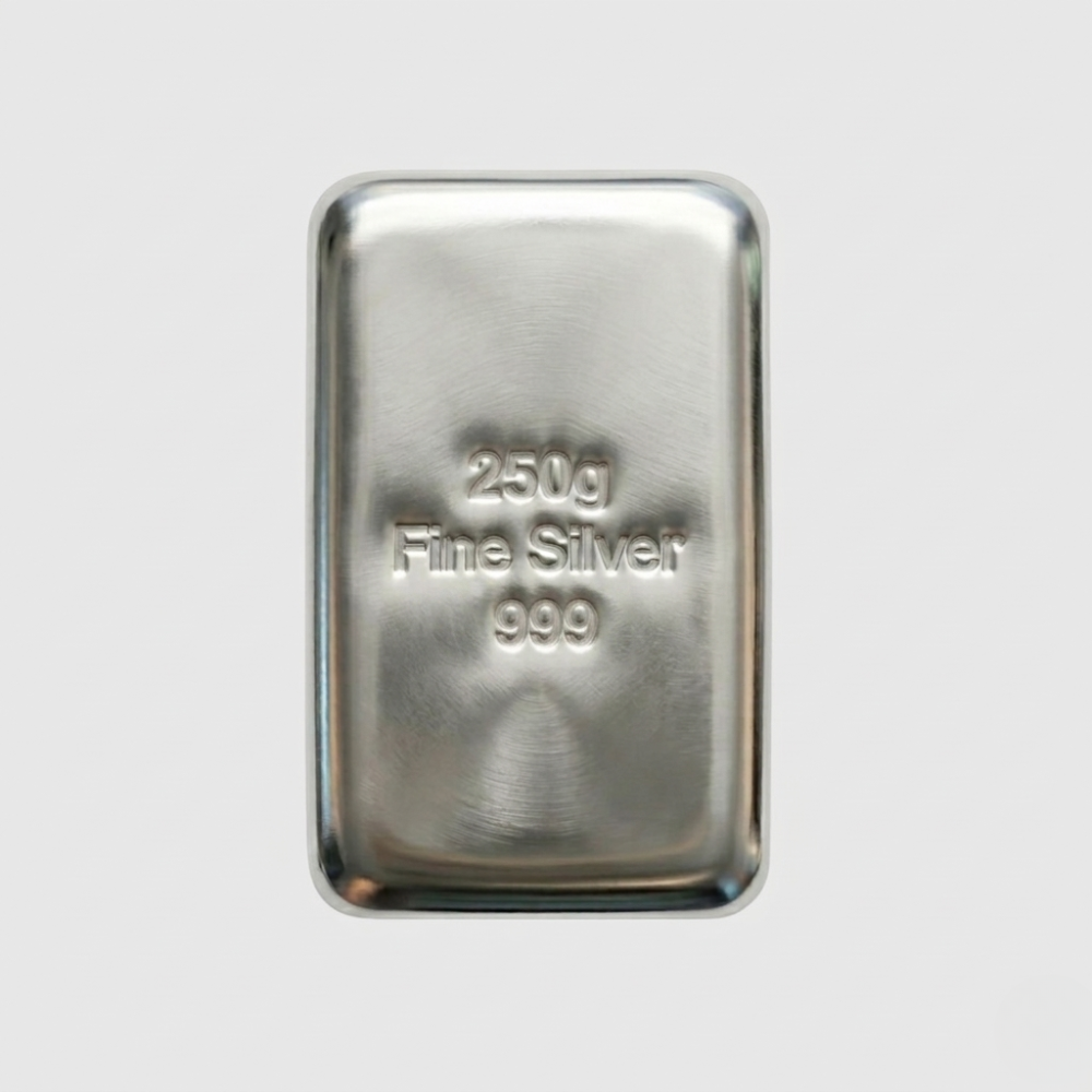 Silver bar with '250g Fine Silver 999' text on a light gray background