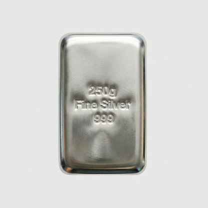 Silver bar with '250g Fine Silver 999' text on a light gray background