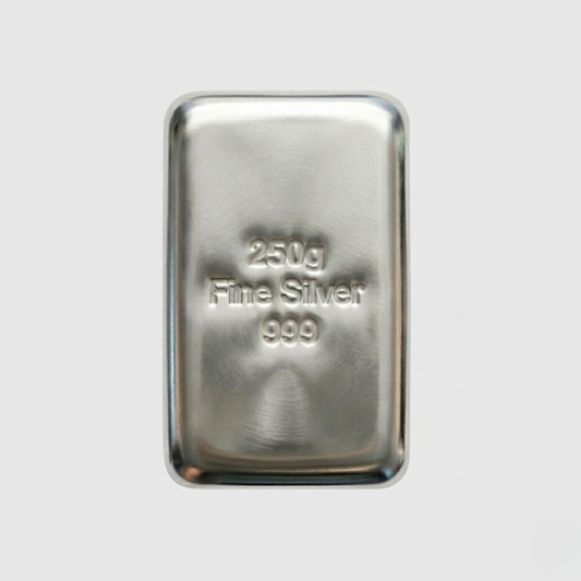 Silver bar with '250g Fine Silver 999' text on a light gray background