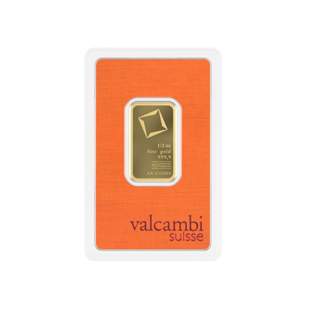 Gold bar in a Valcambi Suisse packaging on an orange background