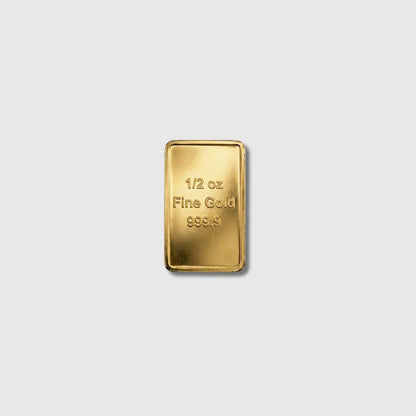 Gold bar with '1/2 oz Fine Gold 999.9' text on a white background