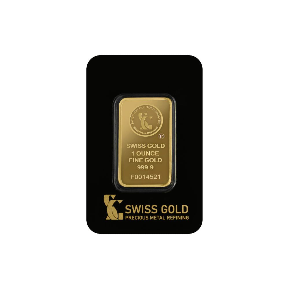 Gold bar with 'Swiss Gold' branding on a black card