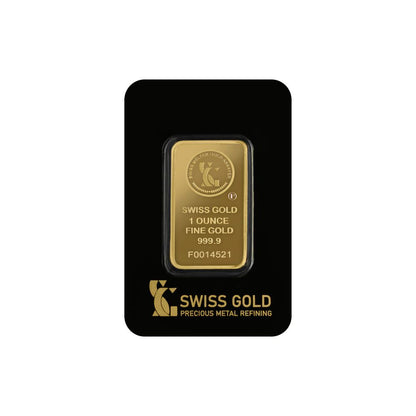 Gold bar with 'Swiss Gold' branding on a black card