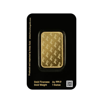 Gold bar with Swiss Gold branding on a black card